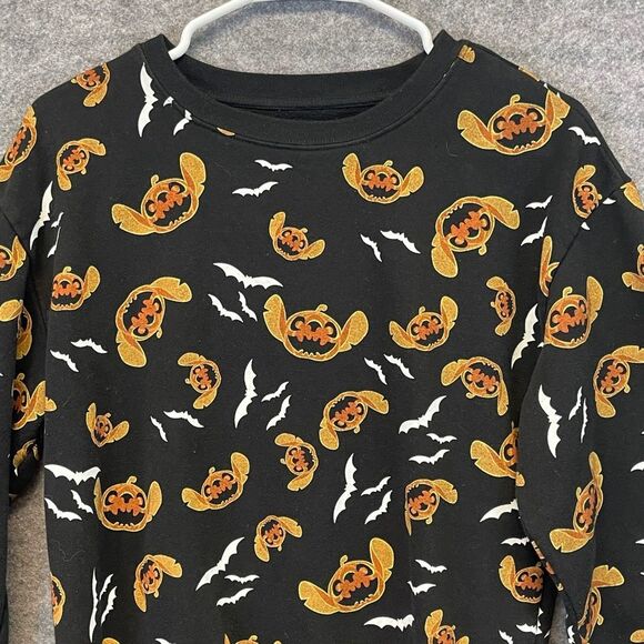 DISNEY Halloween Sweatshirt Stitch Junior Small Black Bats Pumpkins Long Sleeve - Picture 2 of 11